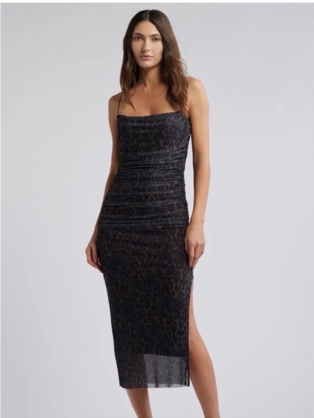Leopard-Print Ruched Maxi Slip Dress - Brown